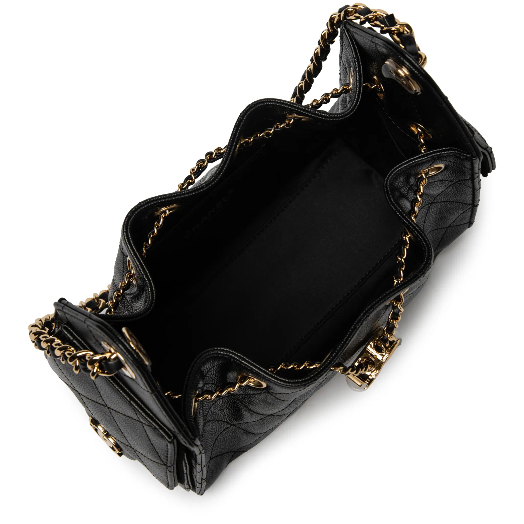 Upper View of Chanel 25 Grained Calfskin Gold Tone Metal Black Mini Handbag